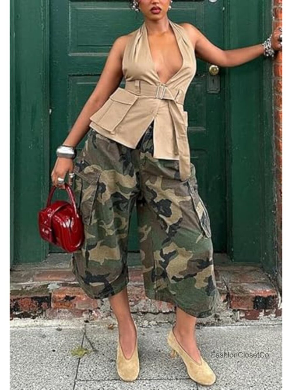 Women's High Waisted Wide Leg Camo Pants Baggy Y2K Army Fatigue Cropped Palazzo - Picture 2 of 6